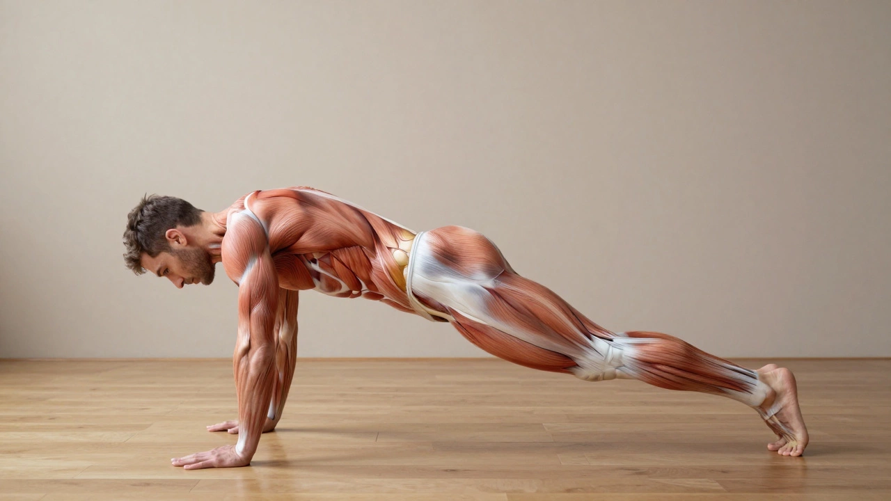 Human body with transparent muscle activation overlay during a single-leg glute bridge, highlighting core synchronization.